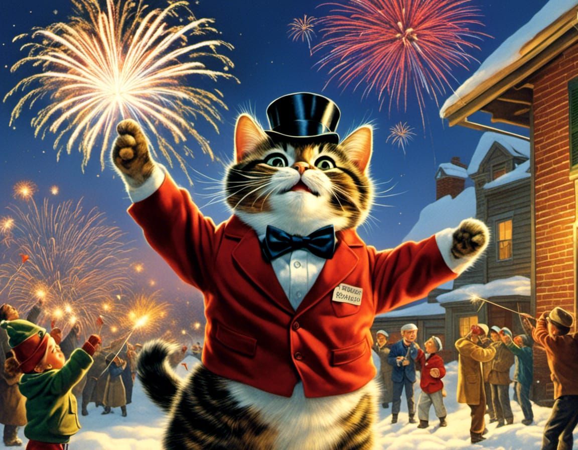 Happy New Year Cat Celebration in Hyperrealism
