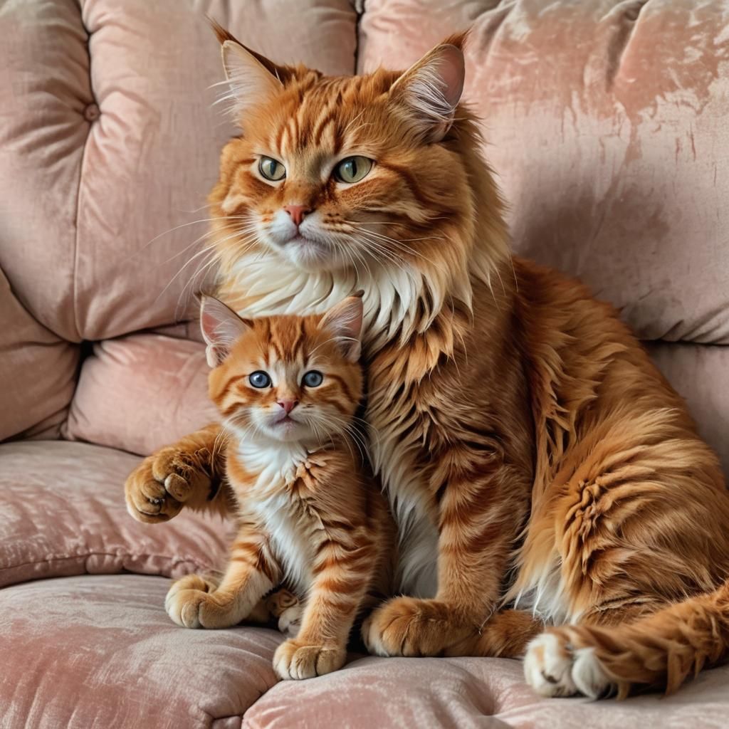 Red Tabby Cat and Kitten in Dramatic Lighting