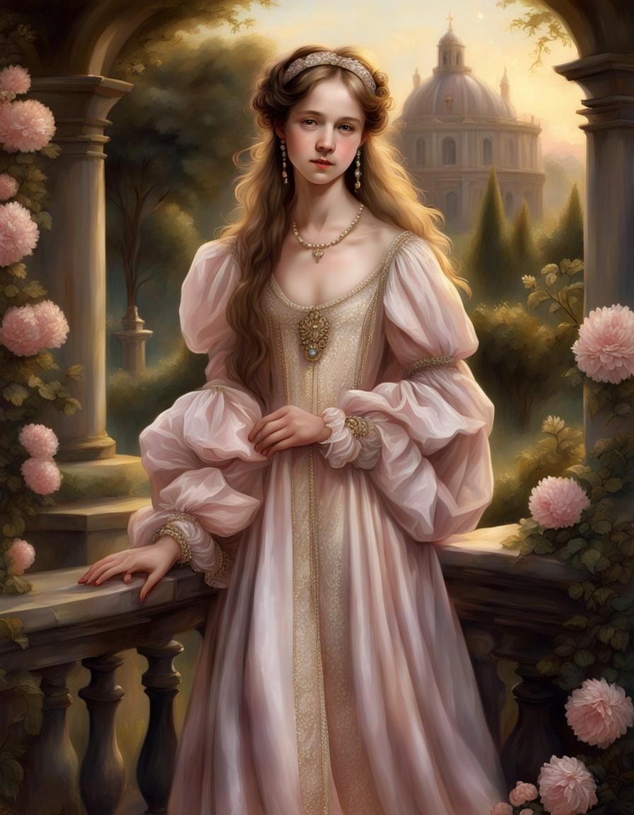 Renaissance Girl in Gold and Pink Dress in Garden