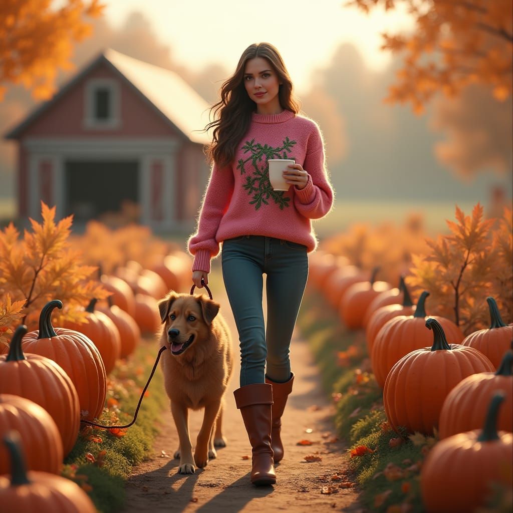 Woman and Dog in Pumpkin Patch, Detailed Matte Painting
