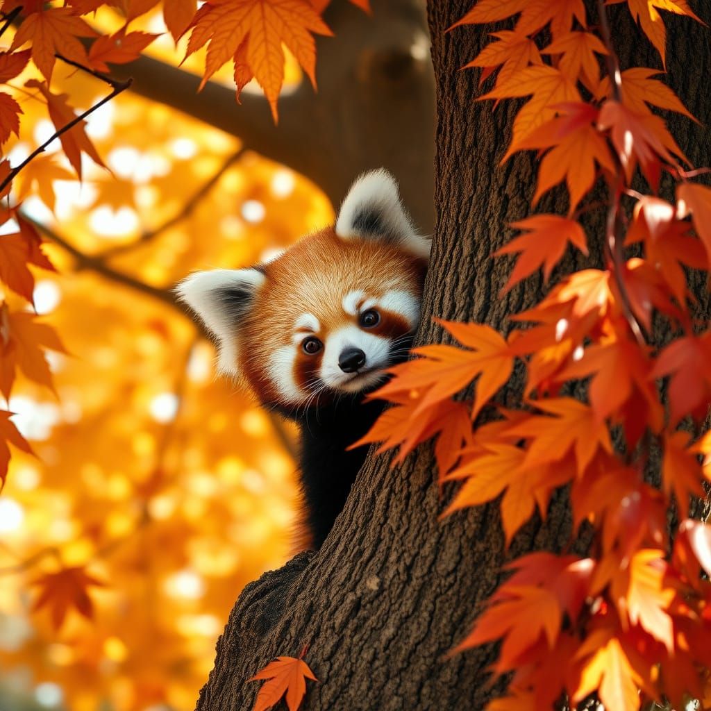 Curious Red Panda in Autumnal Maple Tree, Vintage Photo Styl...