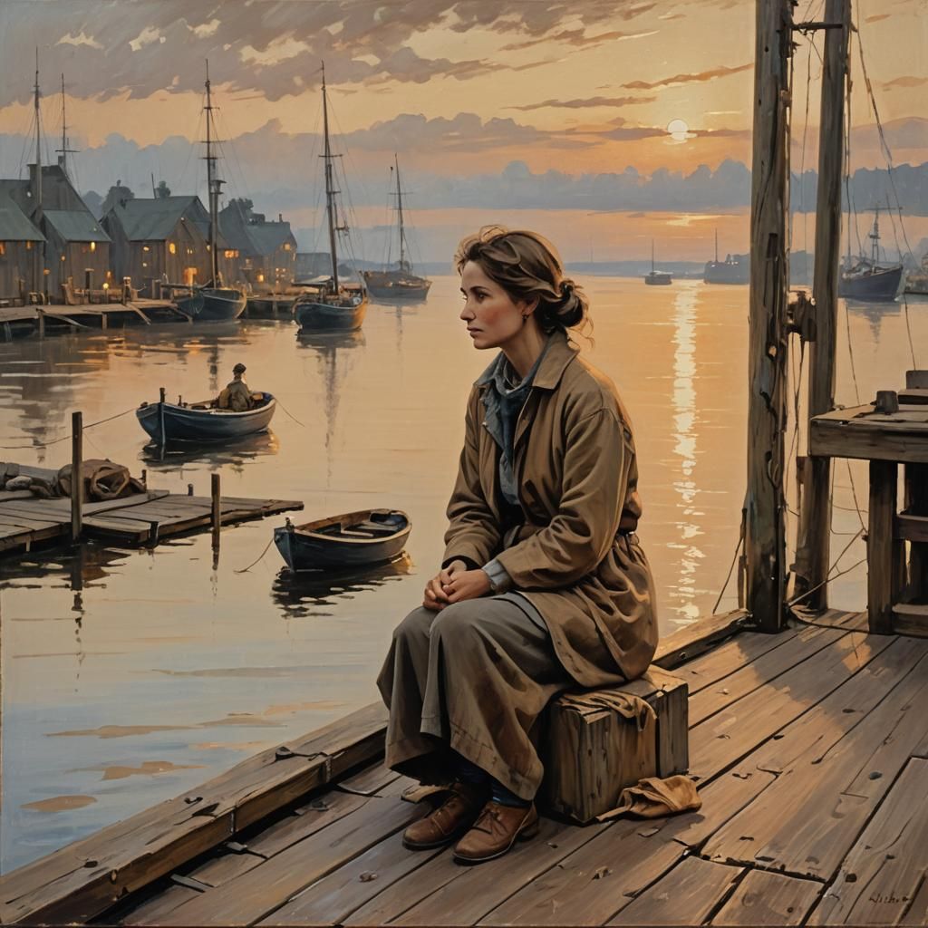 Woman on Dock in Expressive Oil Painting Style