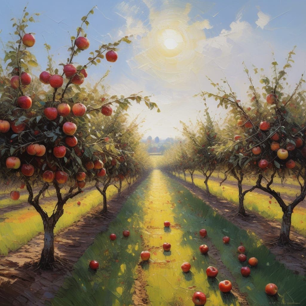 Impressionist Oil Painting of a Sun-Drenched Apple Orchard
