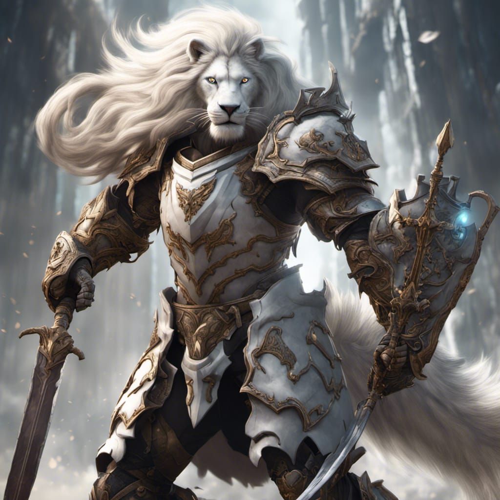White Lion Knight Hero in Detailed Matte Painting