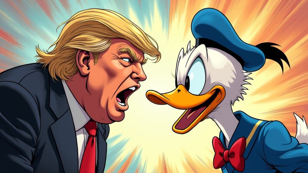 Anime-Inspired Trump and Duck Confrontation in Vibrant Color...