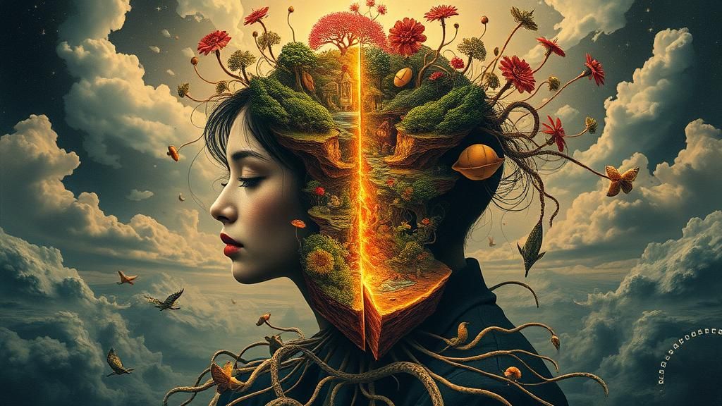 Intertwined Figures Reveal Dreamlike Mindscape Concept Art