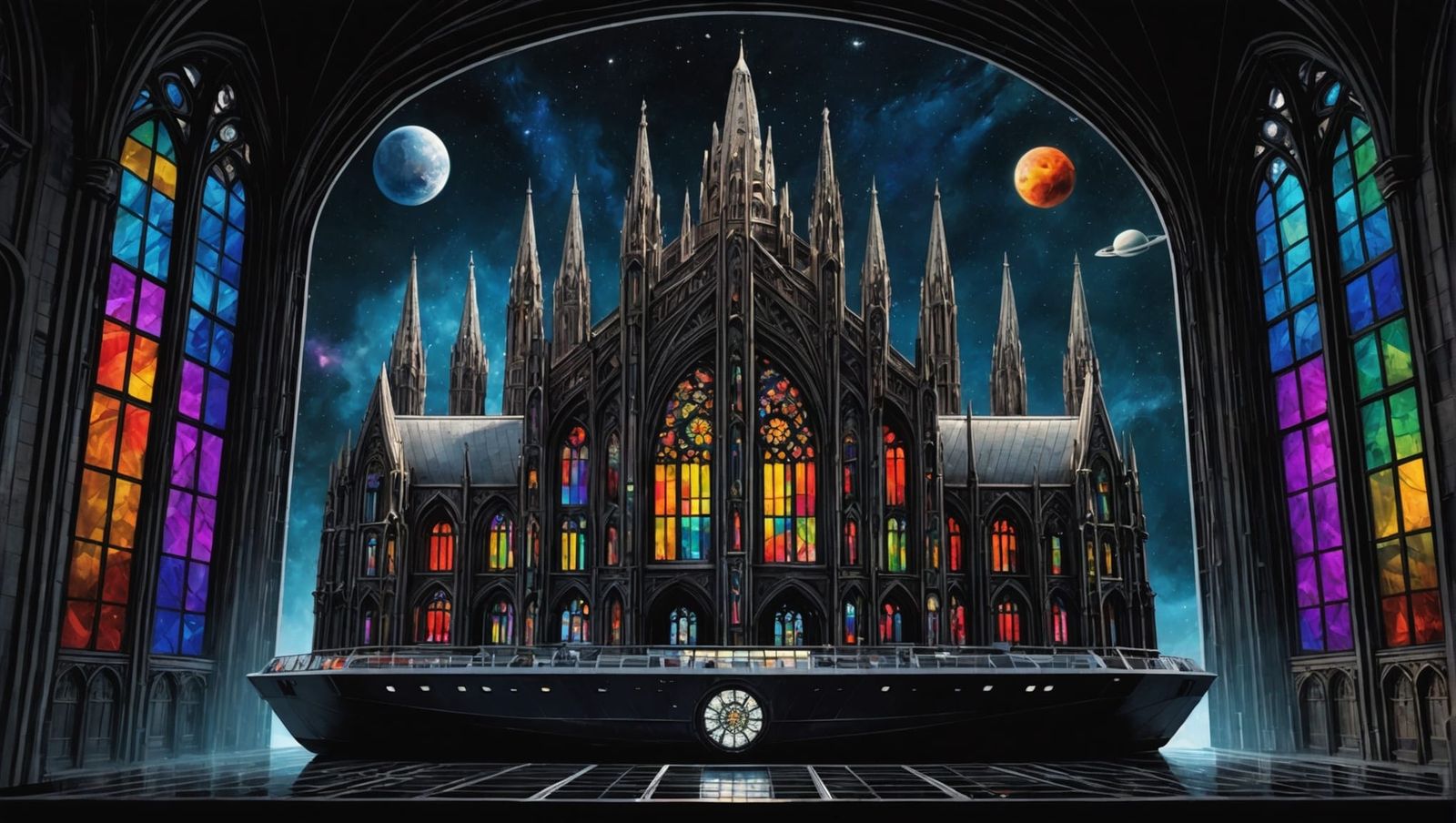 Gothic Cathedral Spaceship in Space: A Colourful Vision