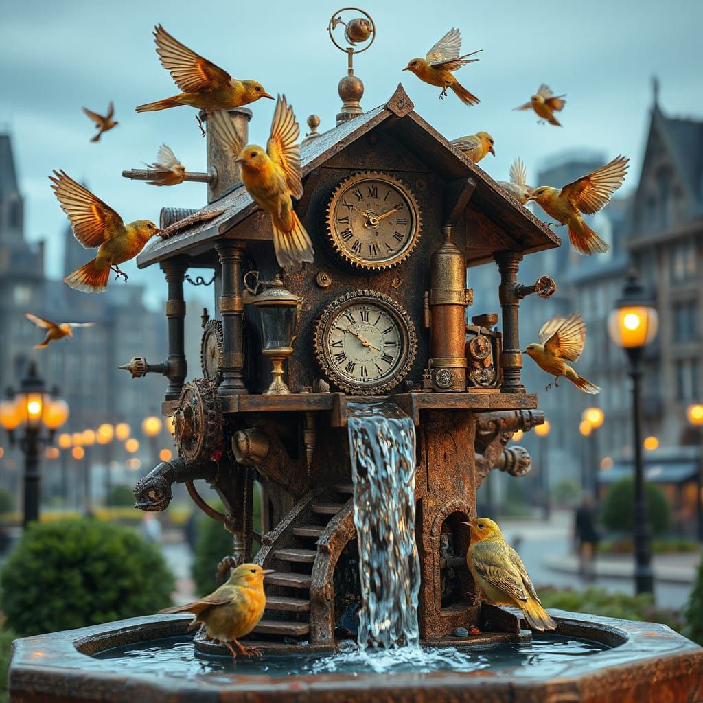 Steampunk Birdhouse with Clockwork Birds in Victorian City