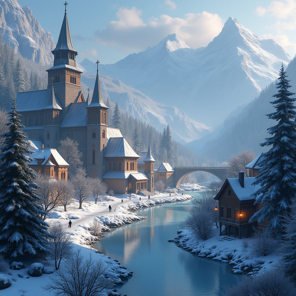 Fantasy Renaissance Town in Winter: Detailed Matte Painting