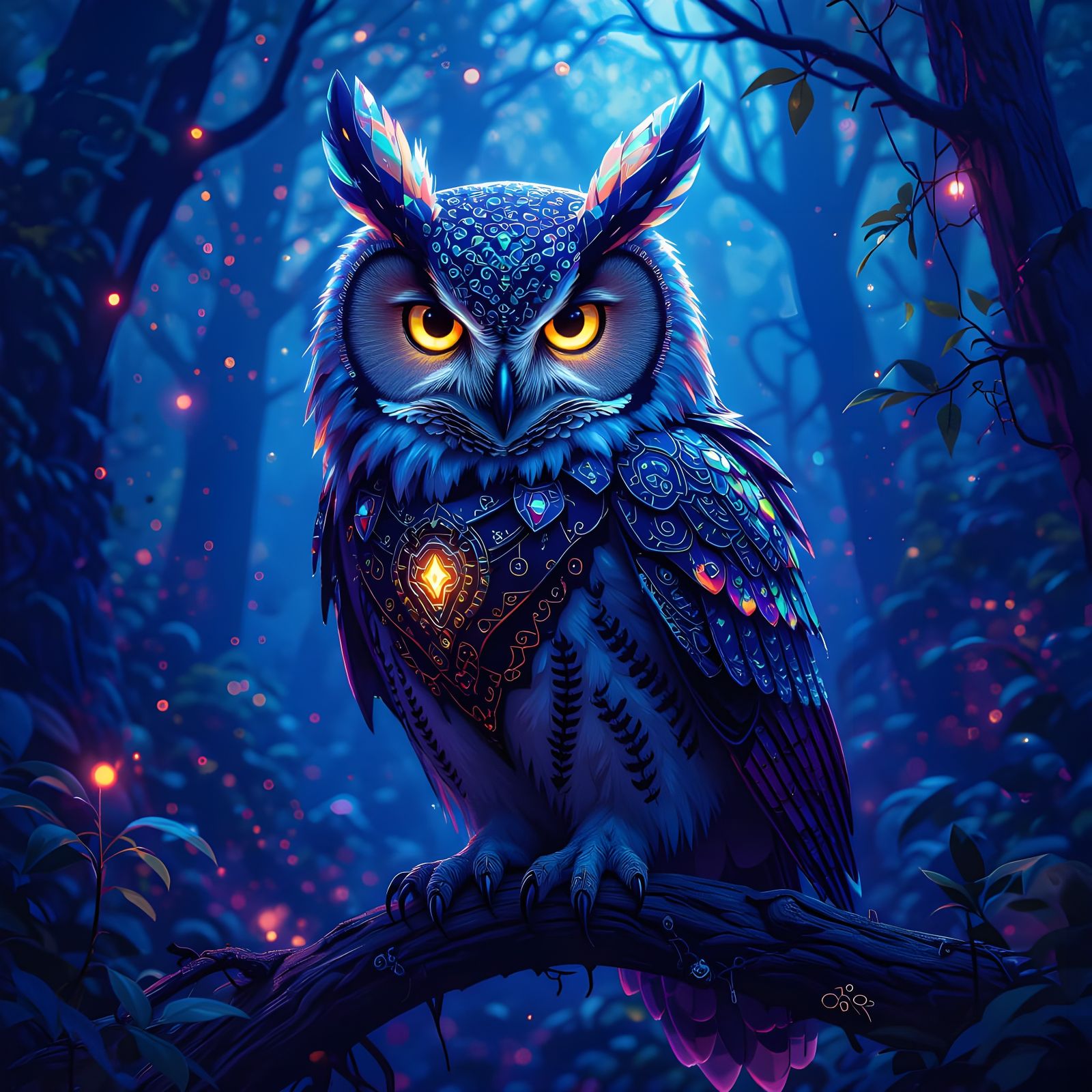 Biomechanical Owl in Bioluminescent Forest, Oil Painting