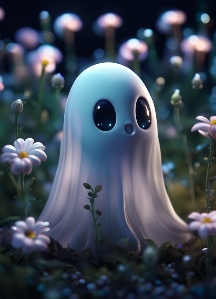Close-Up of Cute Ghost in Flower Bed
