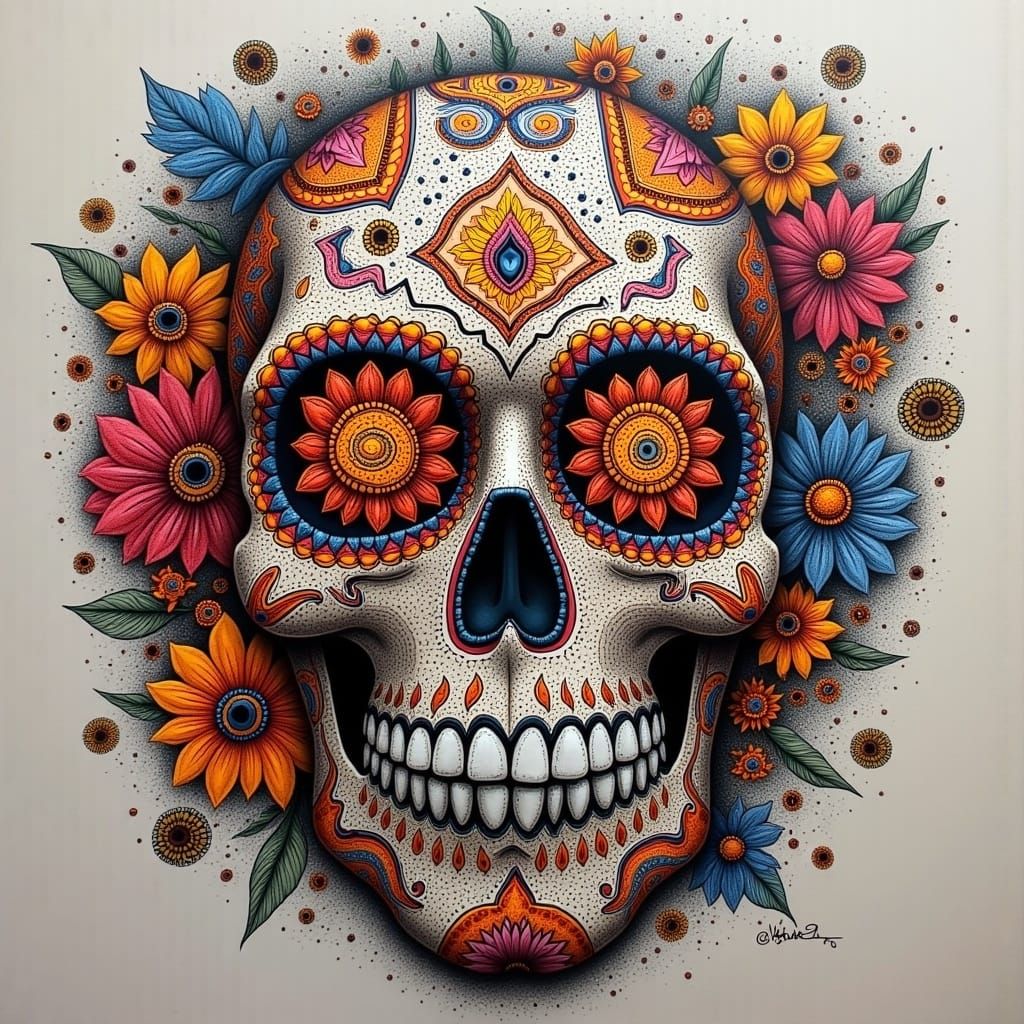 Tribal Skull Tattoo Art with Floral Eyes