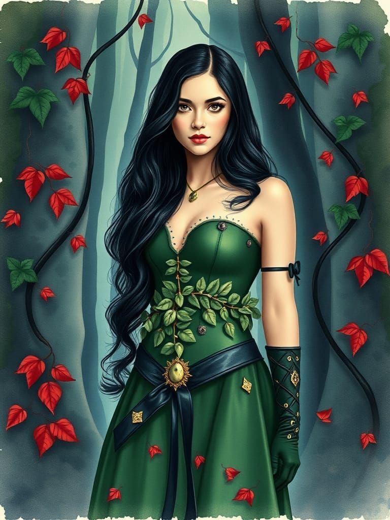 Poison Ivy in a Dark Forest, Watercolor