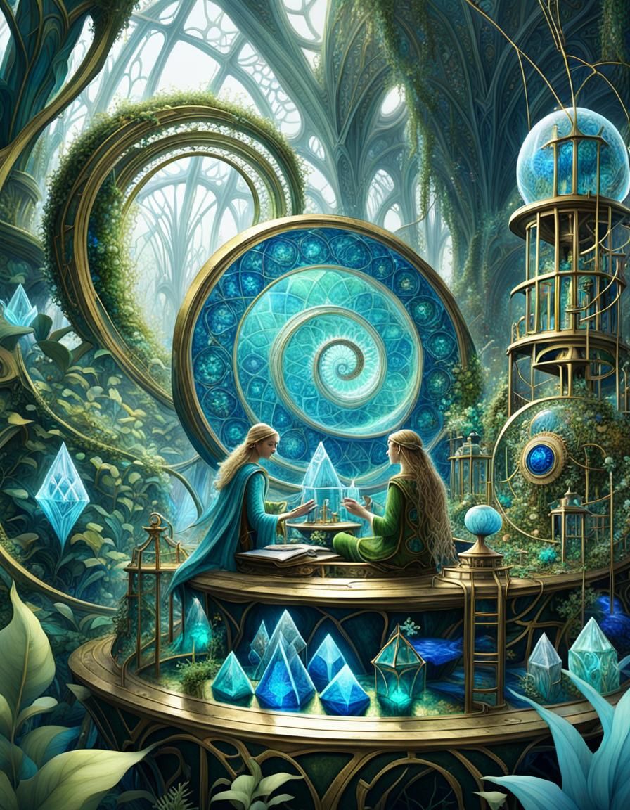 Elven Scientists Study Crystal Helix, Anime Style