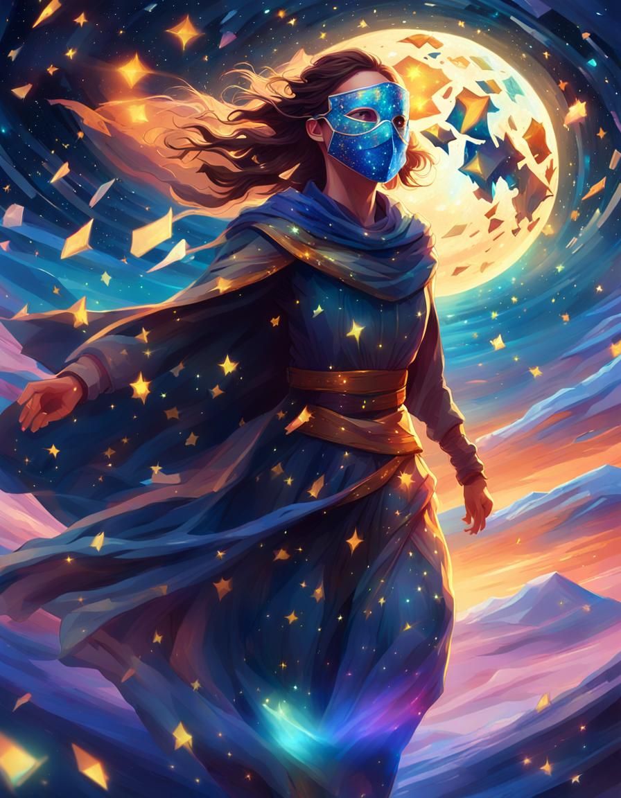 Masked Woman Running in Starry Night Sky