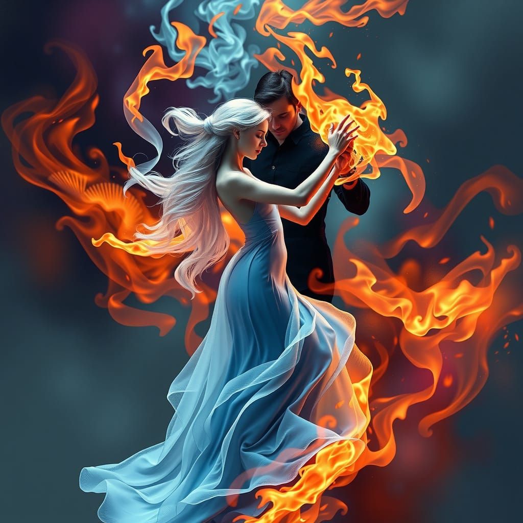 Sensual Water Woman Dances with Fiery Man in Captivating Sce...