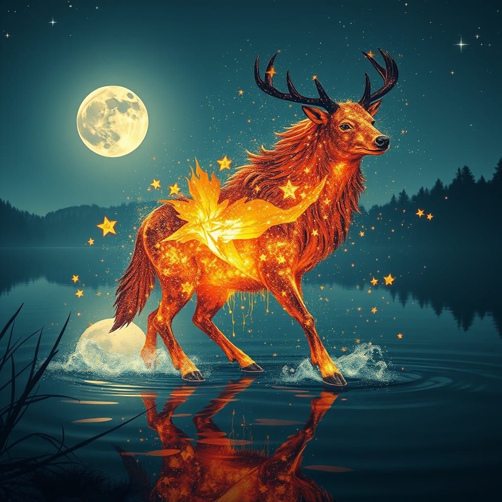 Luminous Star Deer Guiding Through Enchanted Forest