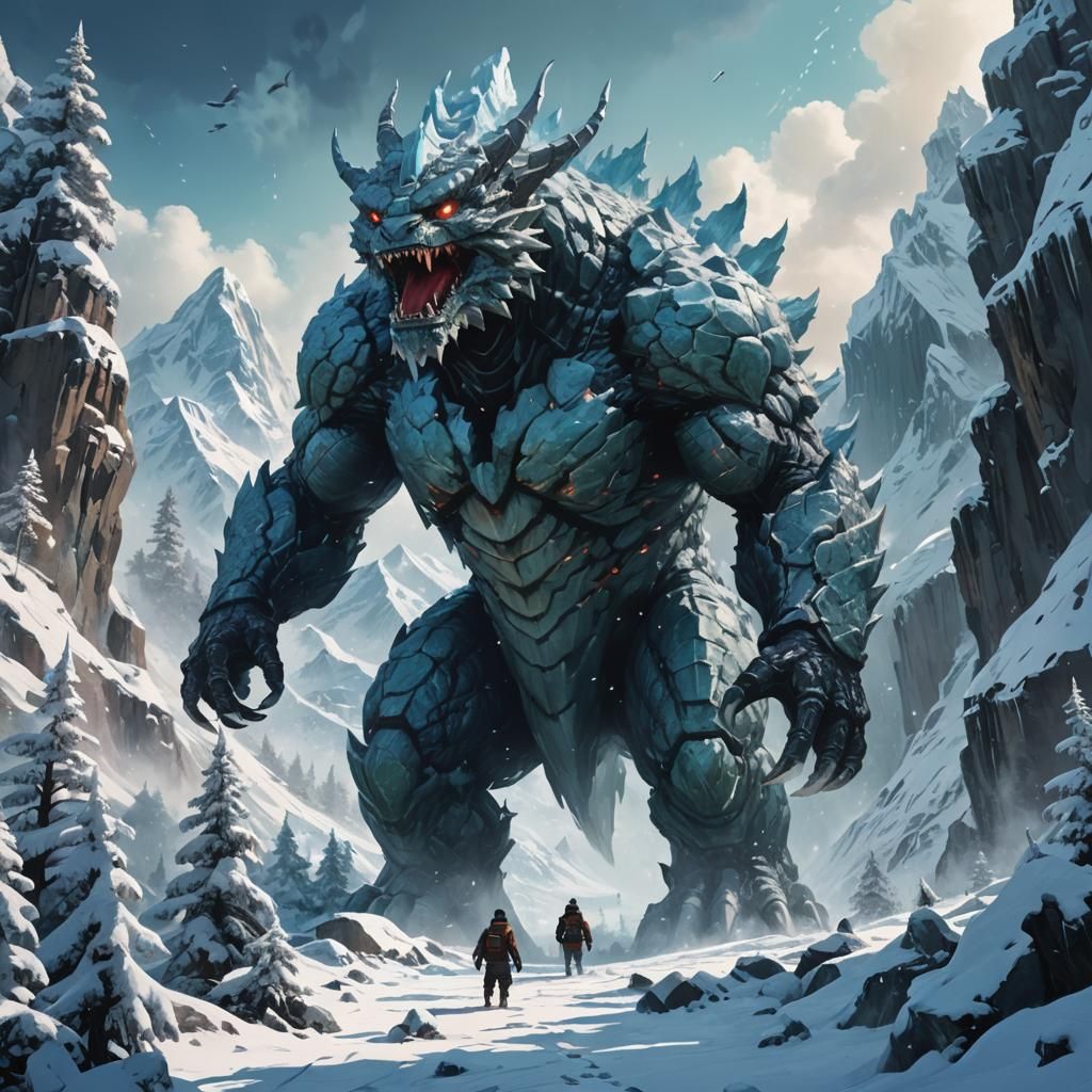 Majestic Kaiju in Snowy Mountains: A Cinematic Still