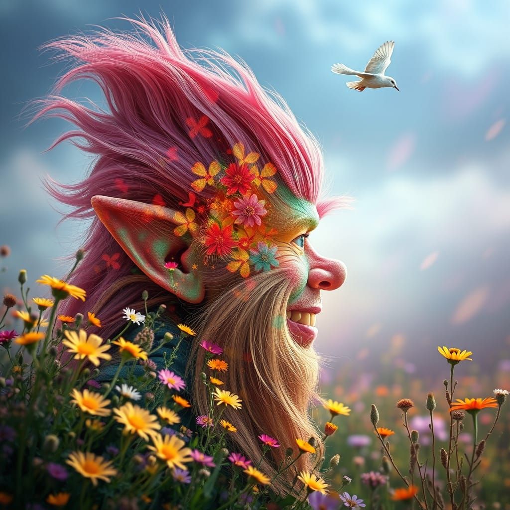 Troll Profile in Spring Wildflower Field as Digital Art
