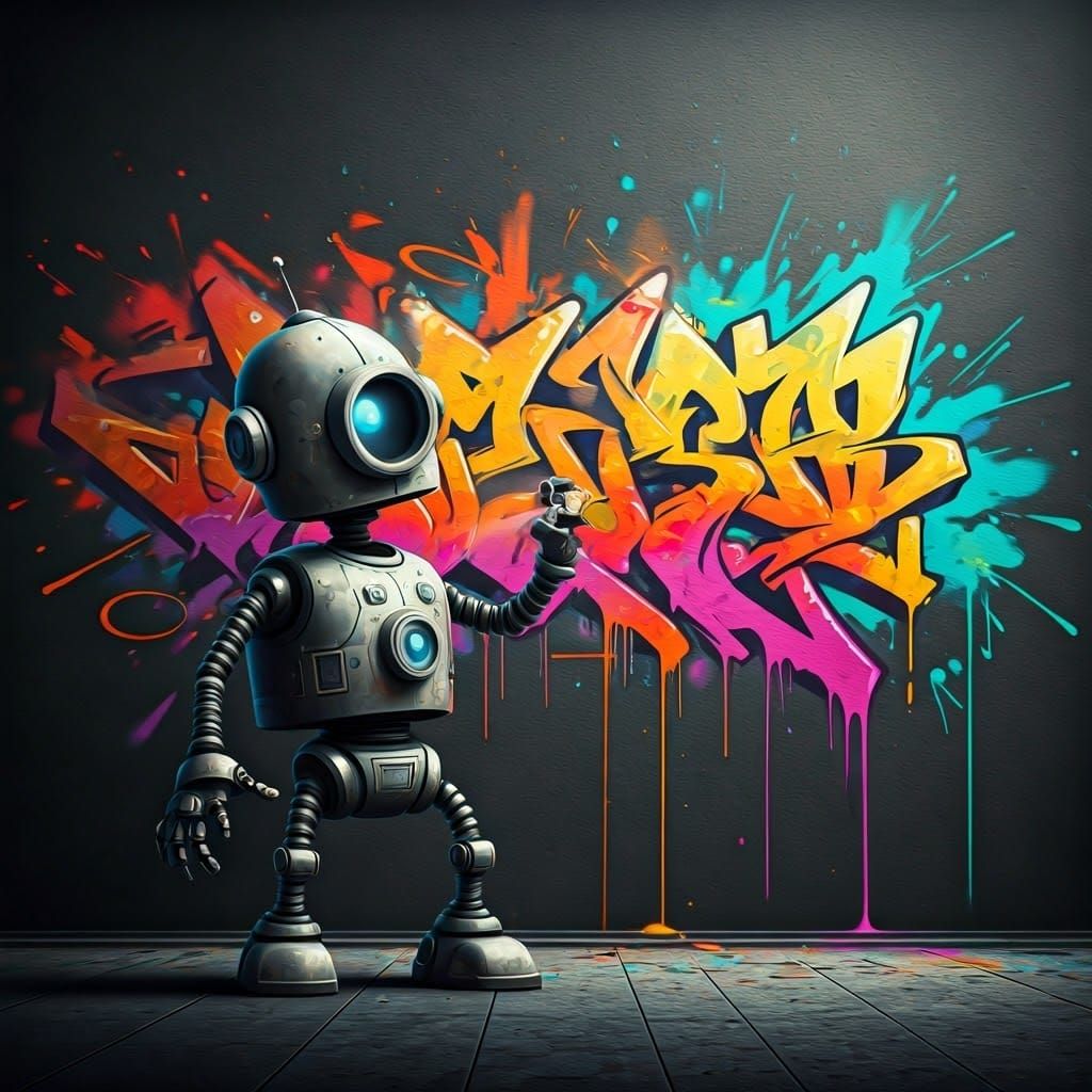 Colorful Robot Graffiti Art in Cityscape