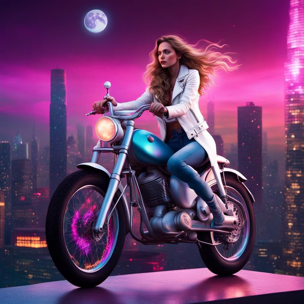Young Woman on Motorcycle Gazing at Aurora Borealis
