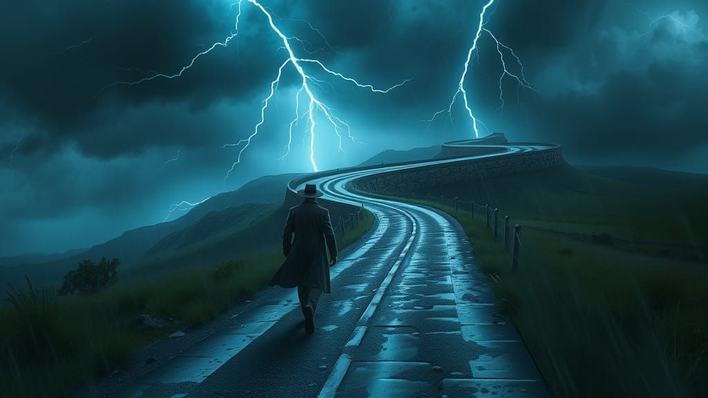 Mysterious Traveler Navigates Turbulent Stormy Landscapes in...