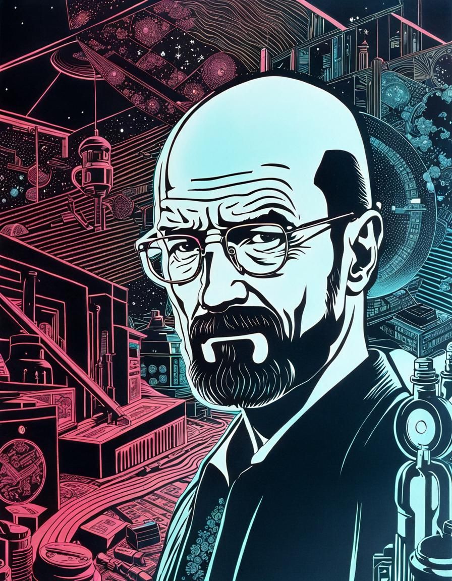 Walter White in Alambic: Cosmic Woodcut Illustration