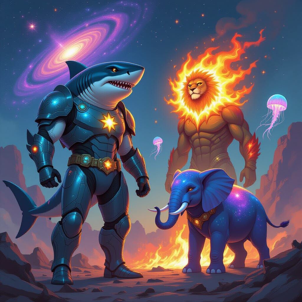 Cosmic Shark Warrior and Solar Lion in Sci-Fi Style