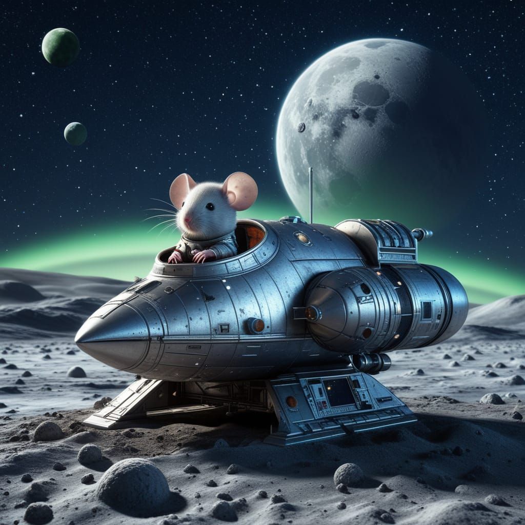 Hyperrealistic Chibi Mouse in Rocket on the Moon