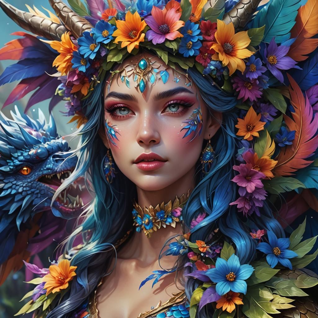 Dragon Feathered Woman with Flower Crown: Fantasy Art