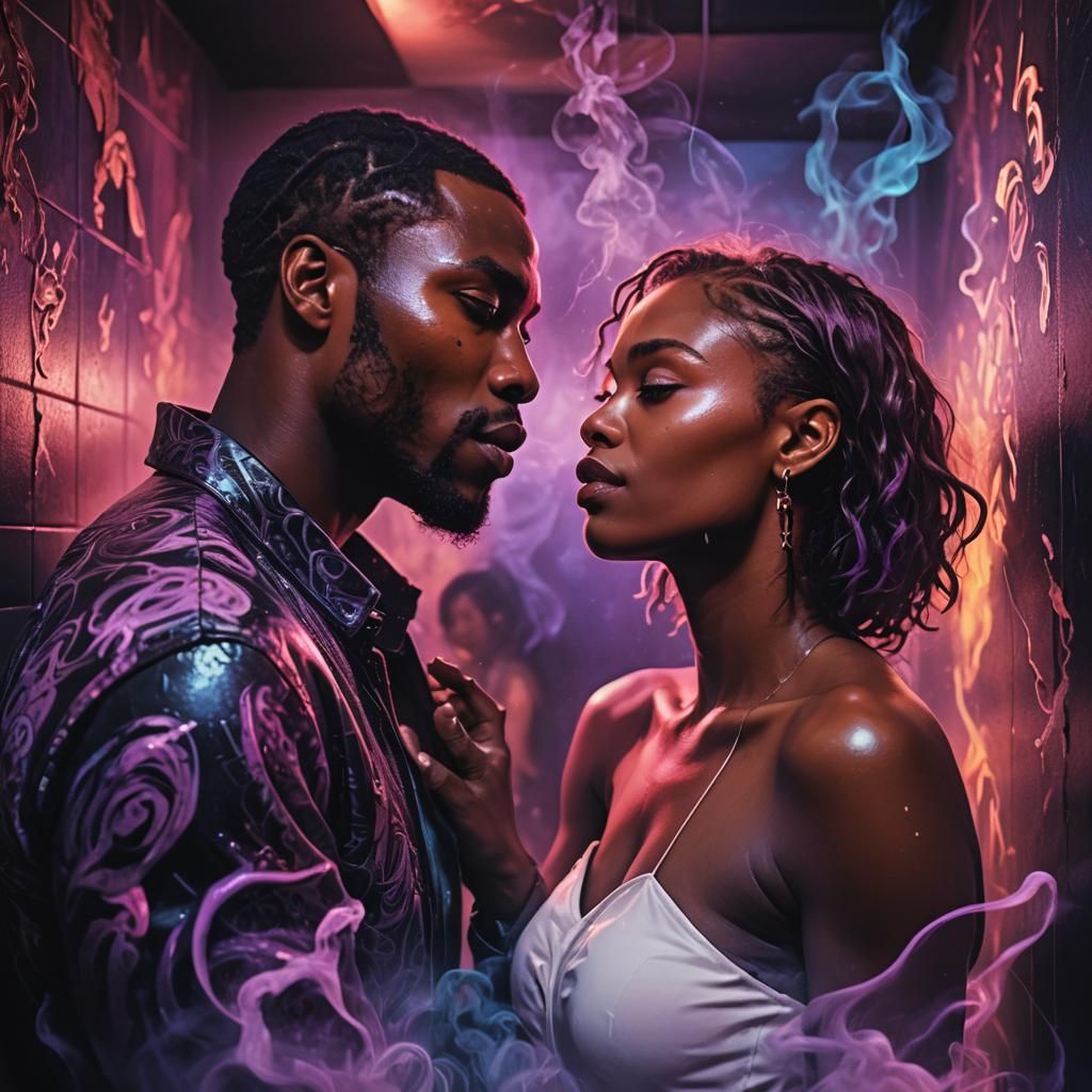 Passionate Kiss in Neon-Lit Fantasy Nightclub