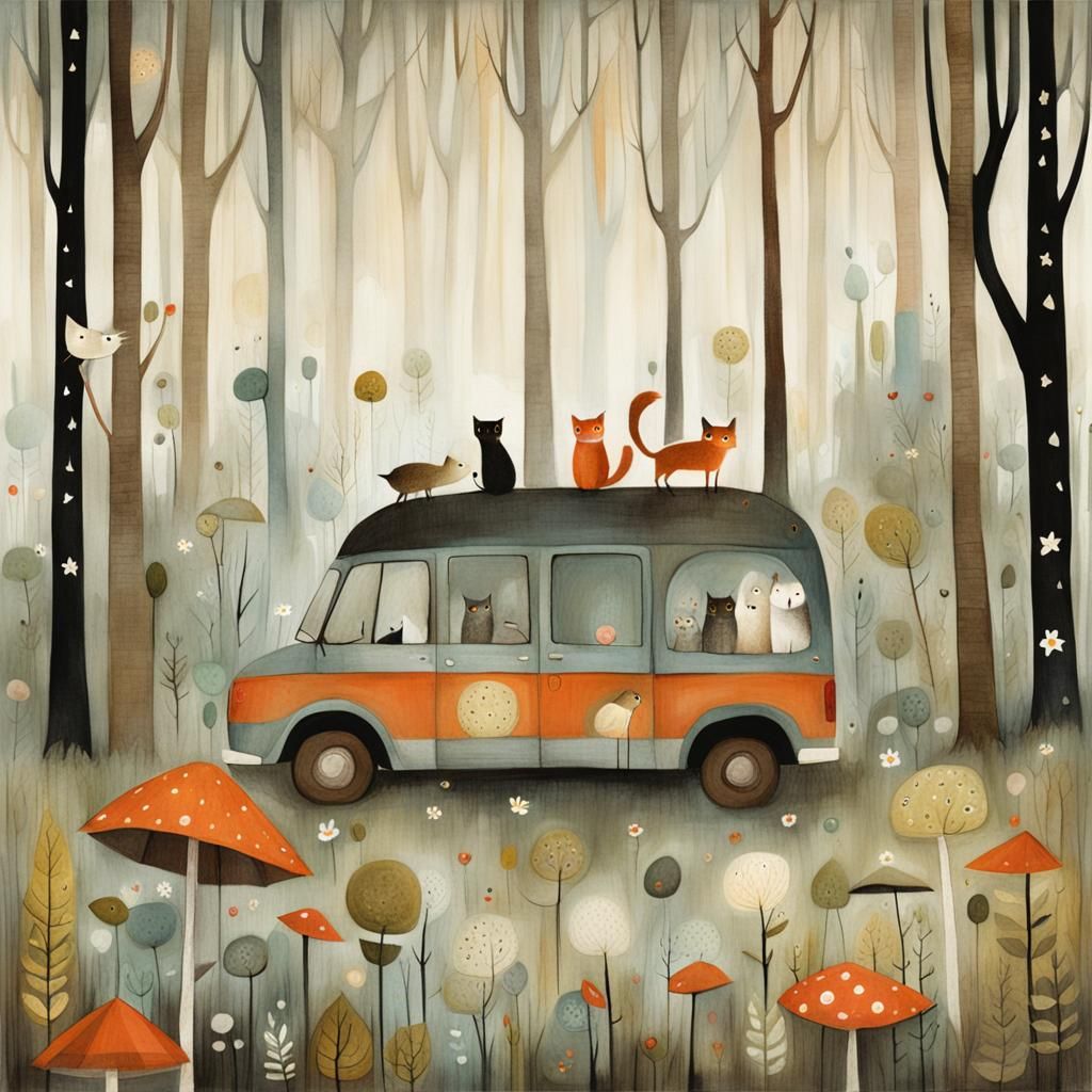 Enchanting Forest Scene with Whimsical Creatures