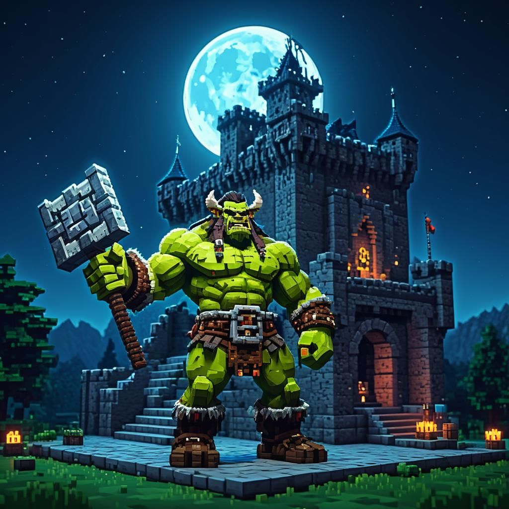 Minecraft Style Ork Barbarian at Castle