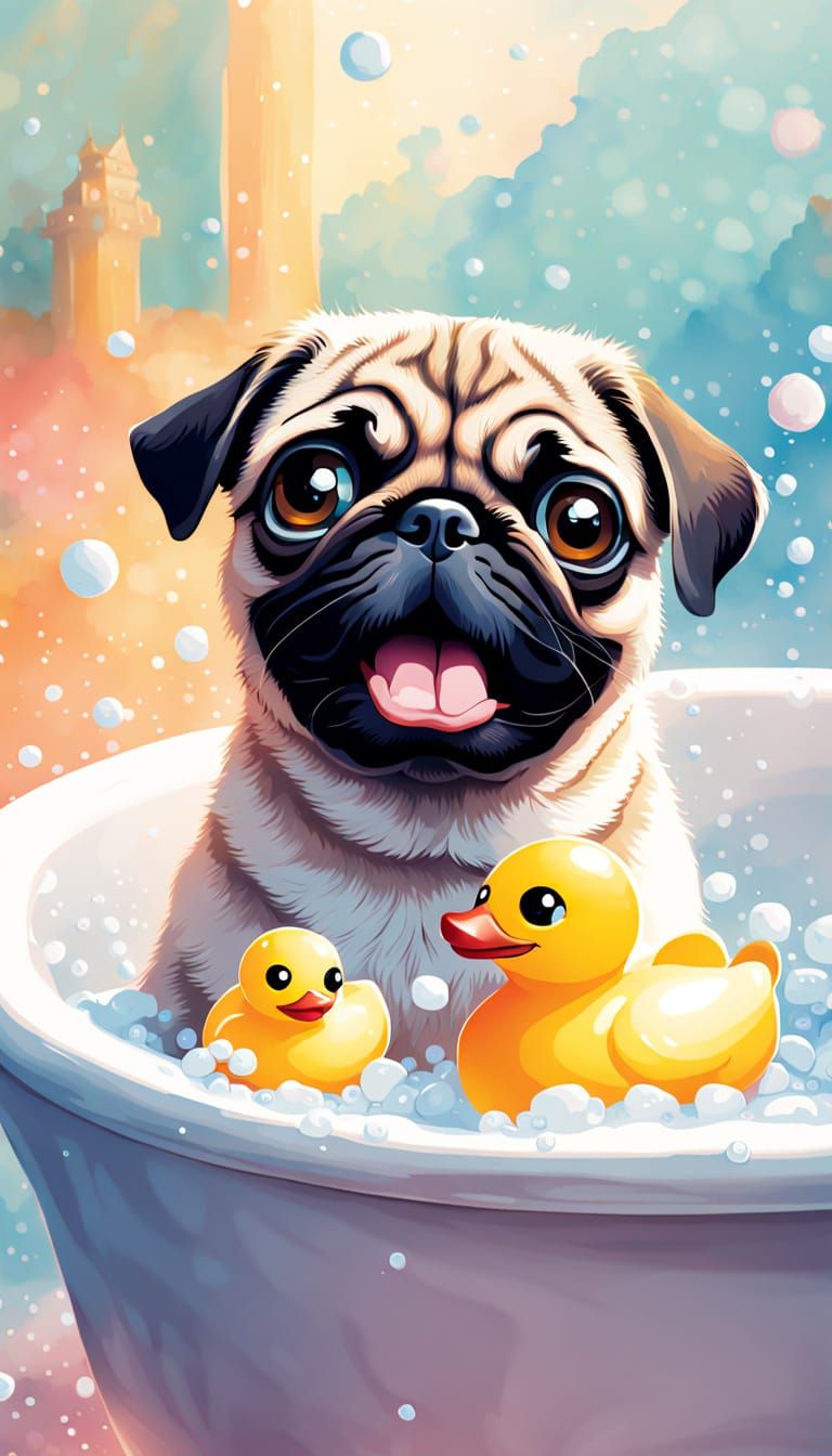 Whimsical Pug Plays with Rubber Ducky in Vibrant Watercolor ...