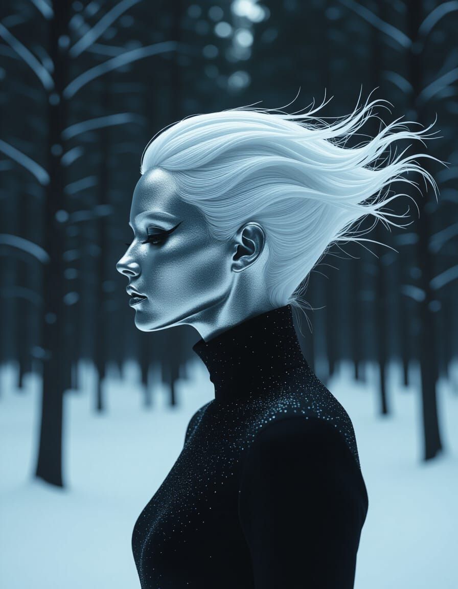 Surreal Metallic Portrait in Winter Forest