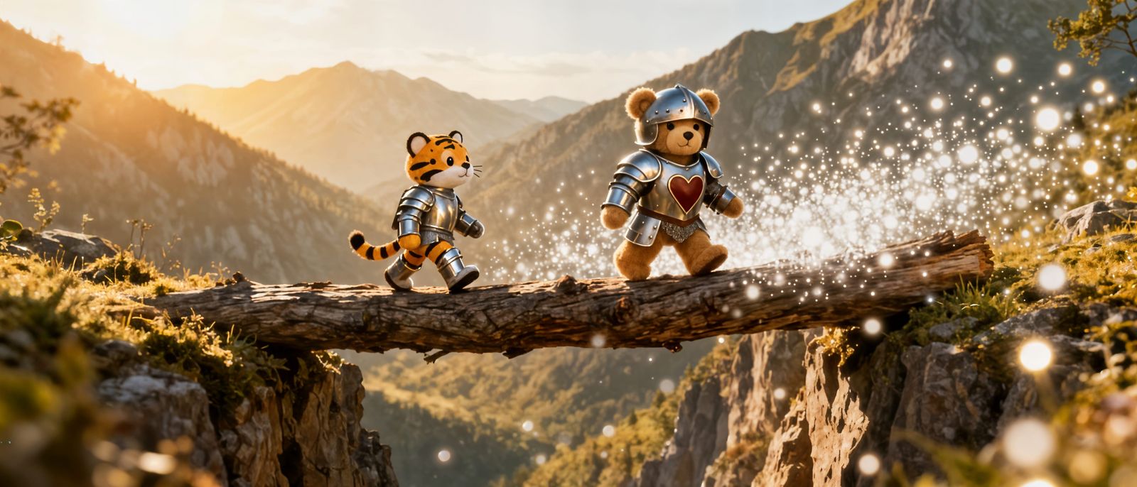 Cute Knight Bear Crosses Chasm in Fantasy Mountains