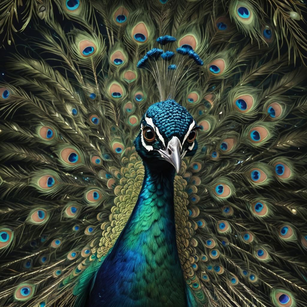Adorable Peacock with Fireflies in Hyper-Realistic Style