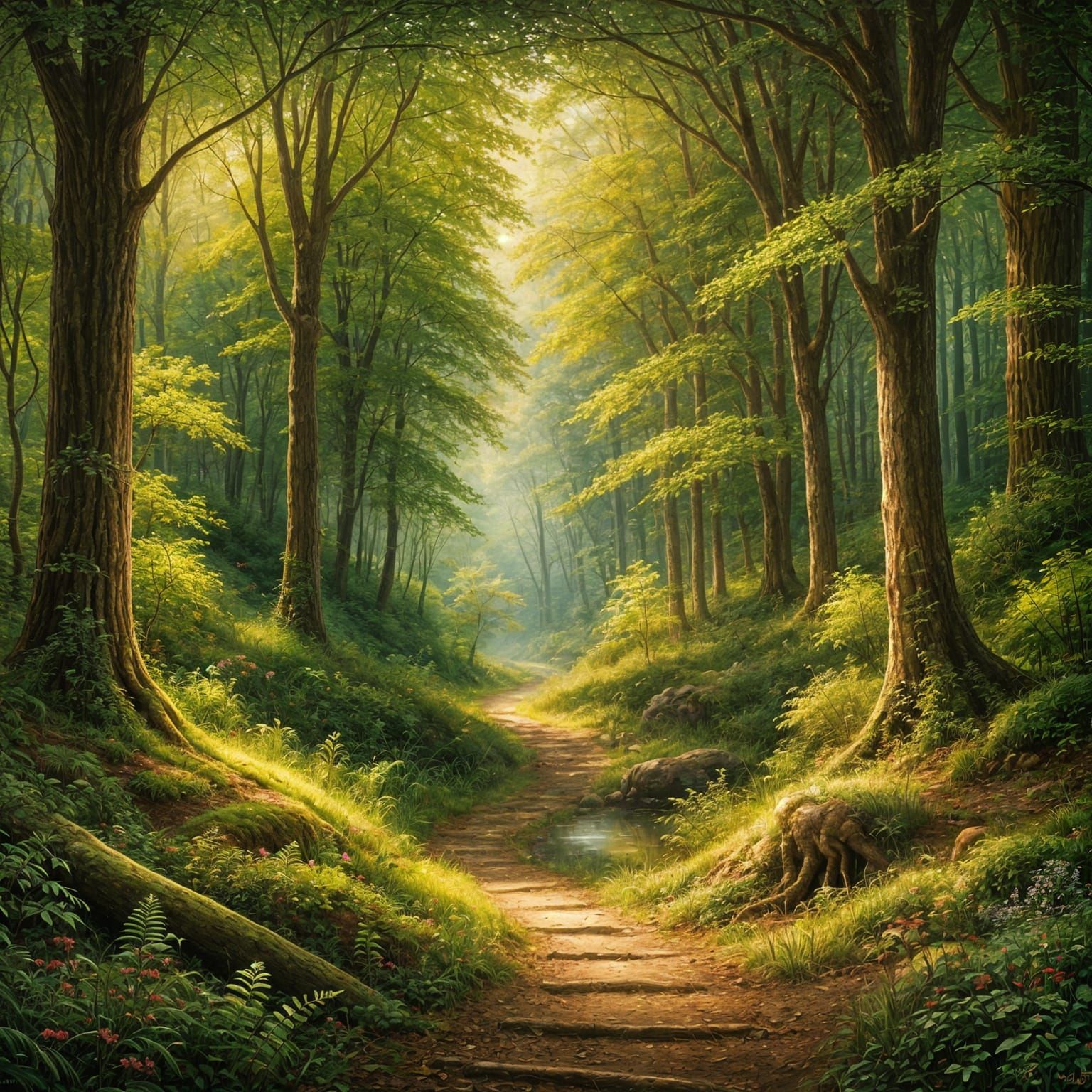 Tranquil Forest Path to Hidden Pond: An Oil Painting