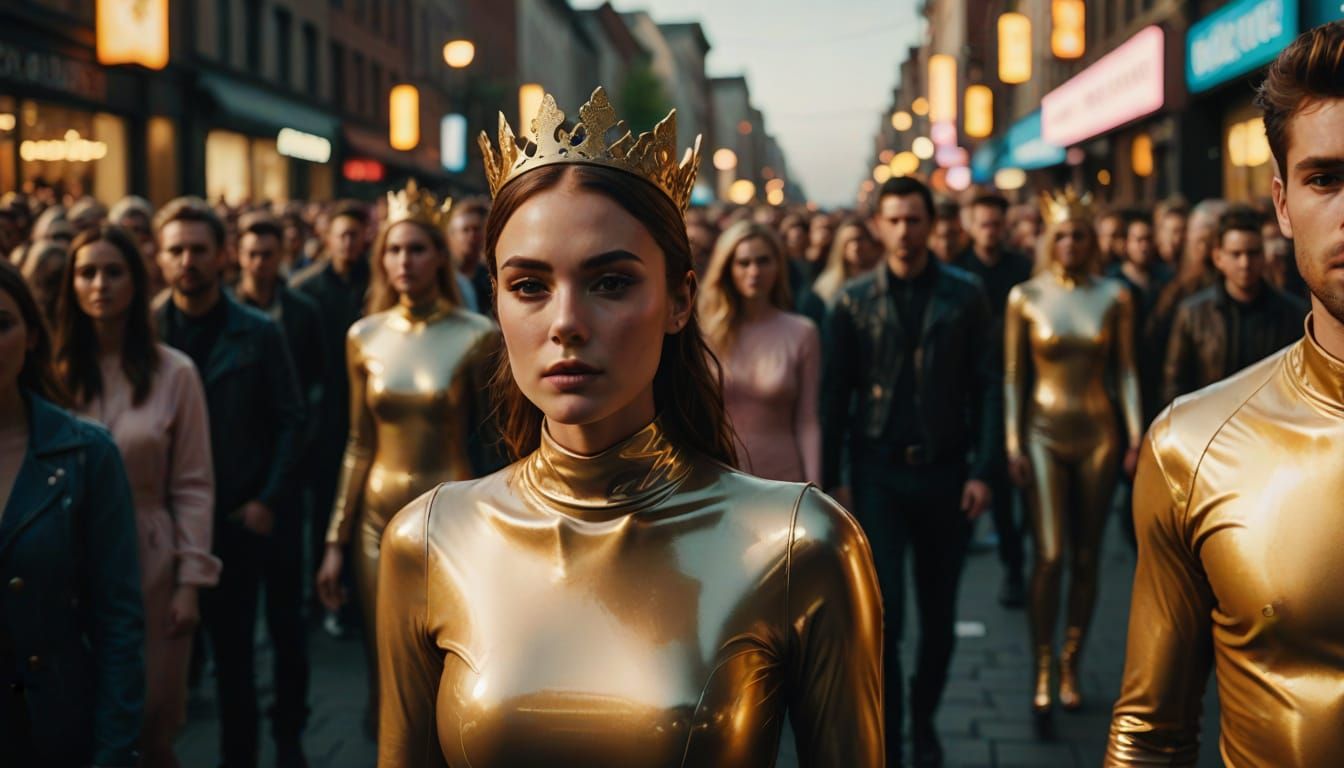 Cinematic Models in Gold Latex, Surrounded by a Vibrant Crow...