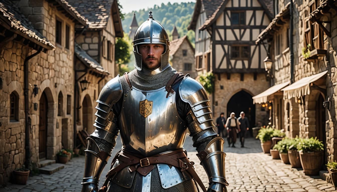 Knight in Shining Armor in Medieval Village