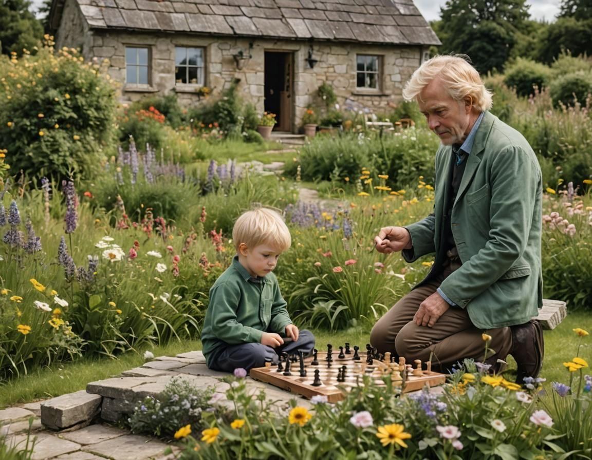 Boy Wins Chess Game in Cottage Garden