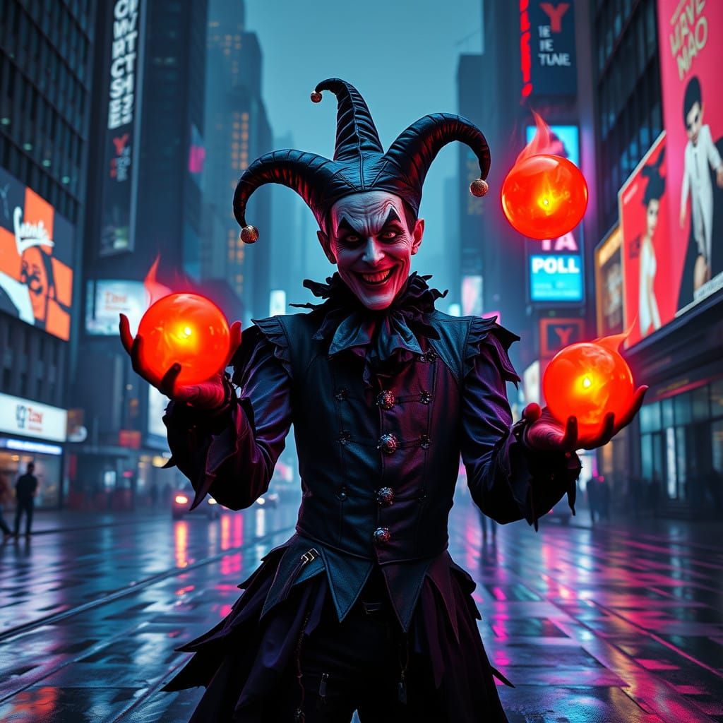 Sinister Jester Juggles Blazing Fireballs in Cyberpunk City