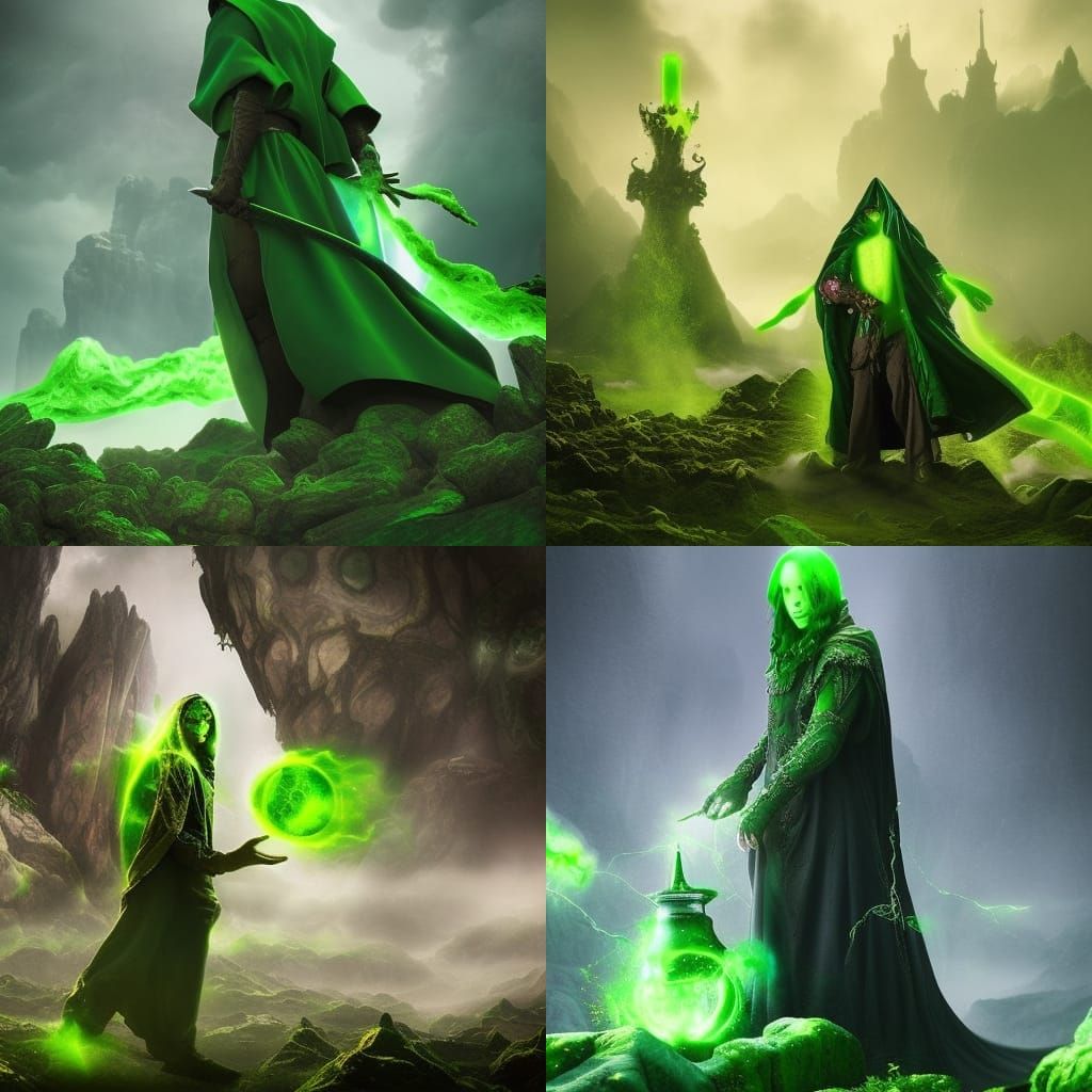 green robed mage with poison magic and a powerful green aura and green slimes oozing