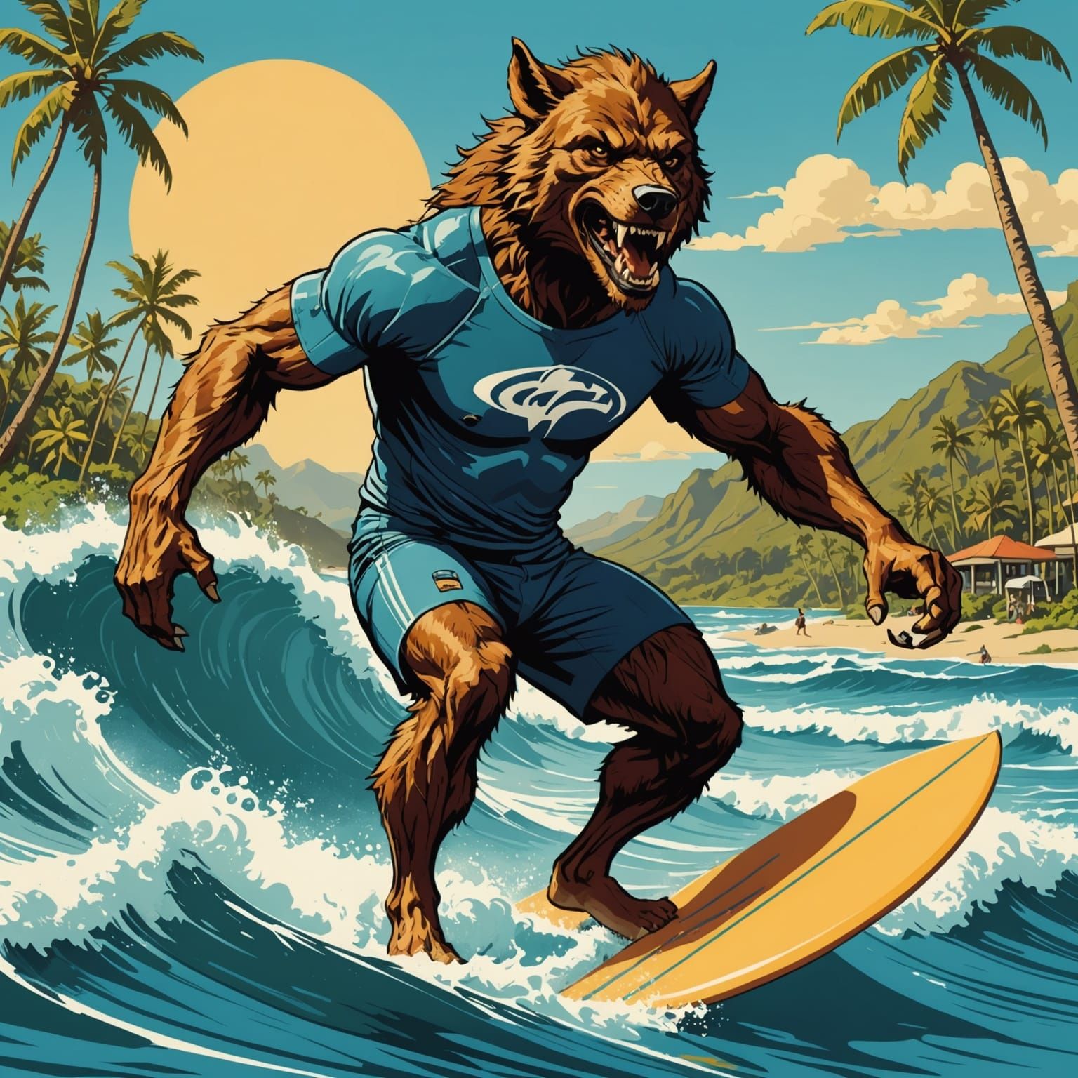 Werewolf Surfer in Hawaii, in Rockwell Style