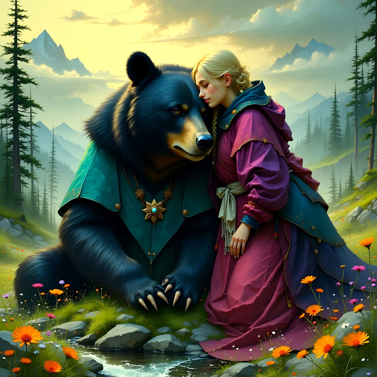 Epic Fantasy Portrait of a Blond Woman with a Majestic Black...