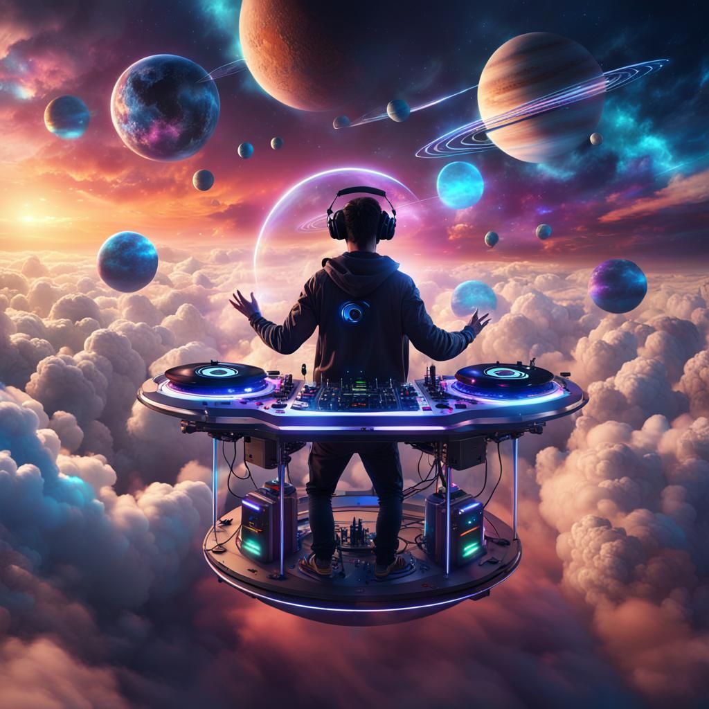 Futuristic DJ Party on Clouds: Fantasy Concept Art