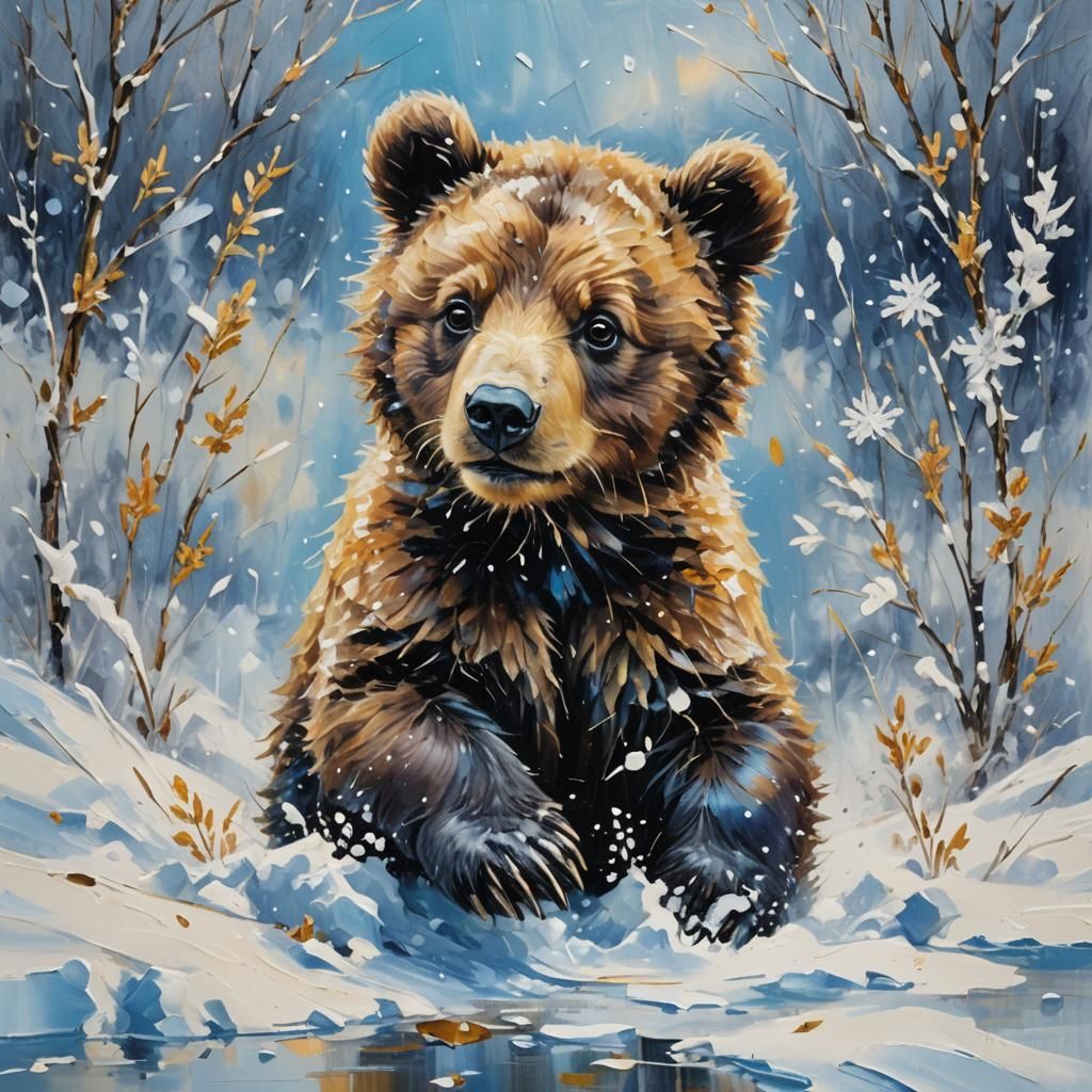 Bear Cub Playing in Snow, Expressionist Impasto Oil Painting