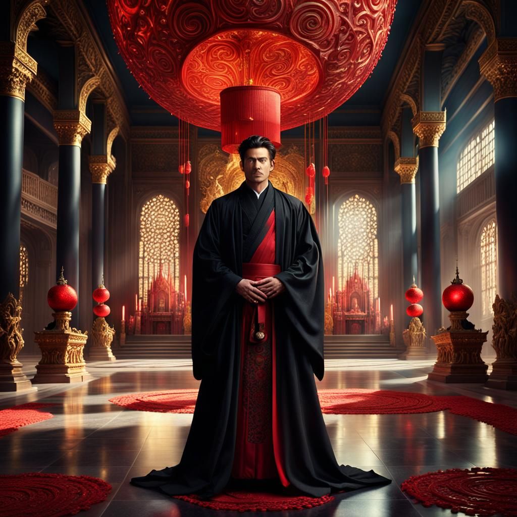 Arrogant Man in Black Robe in Grand Hall