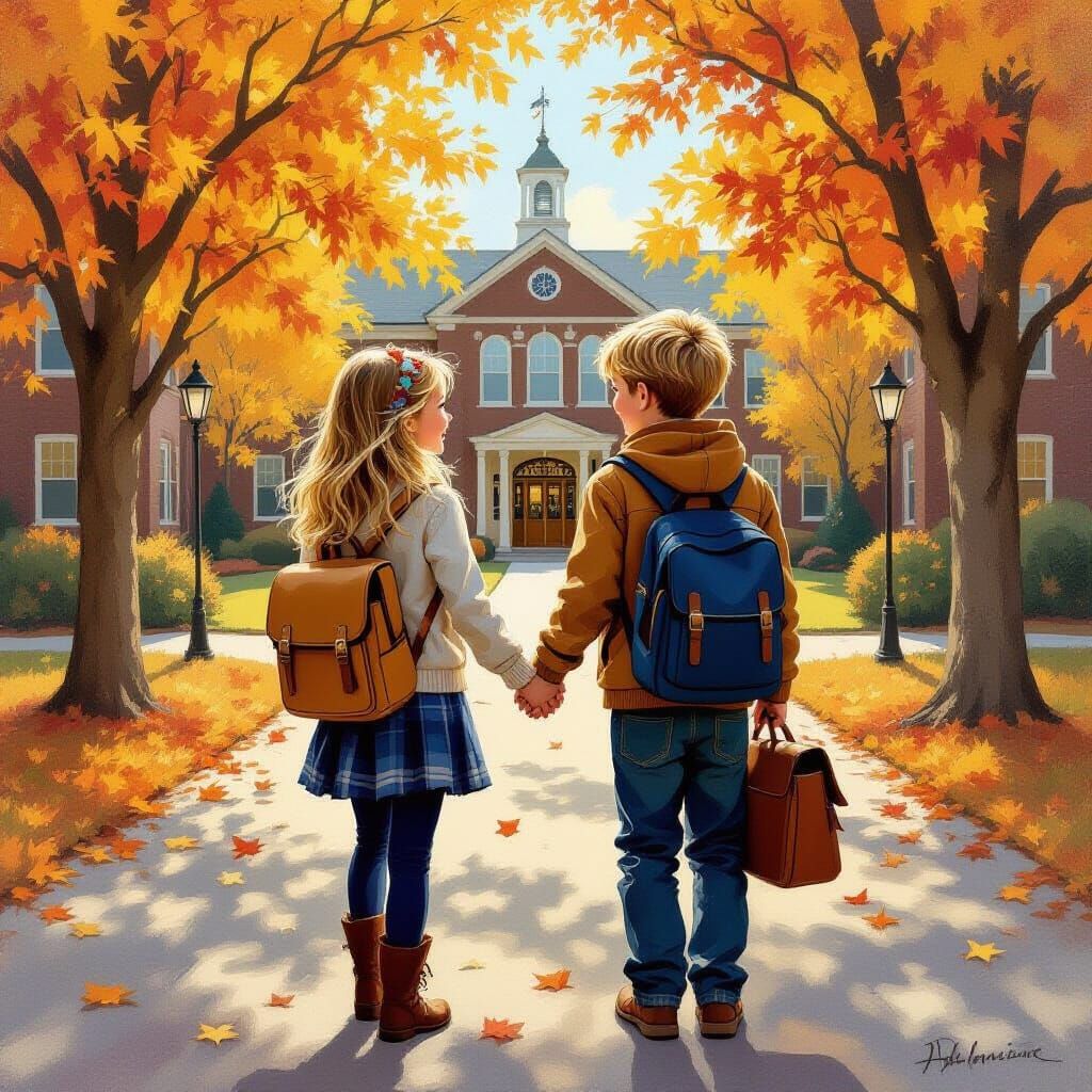 Children Head to School in Autumn, Oil Painting Style