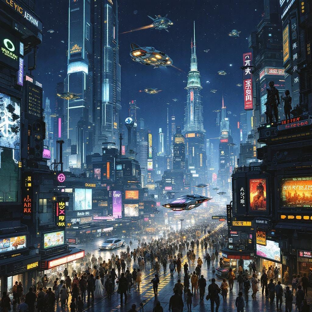 Cyberpunk Cityscape with Neon Lights and Flying Vehicles